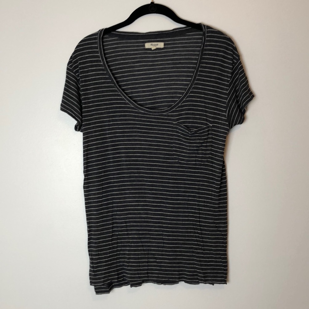 Madewell l White & Dark Grey Striped Pocket Tee